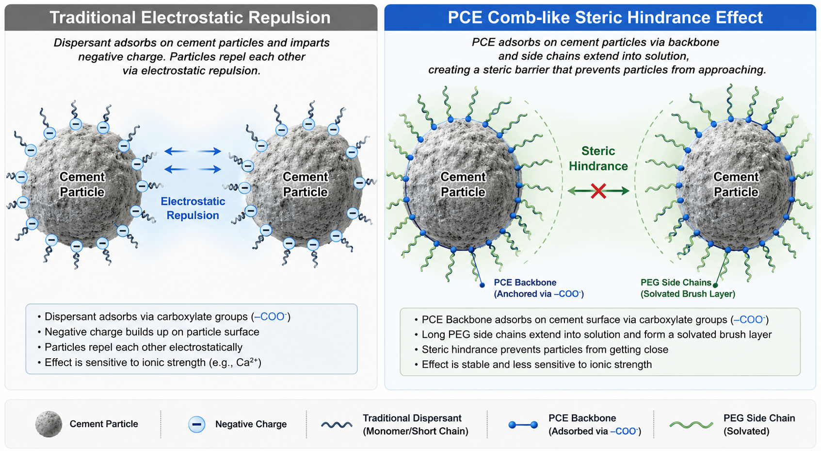 Molecular working mechanism of Polycarboxylate Superplasticizer PCE steric hindrance effect on cement particles.png