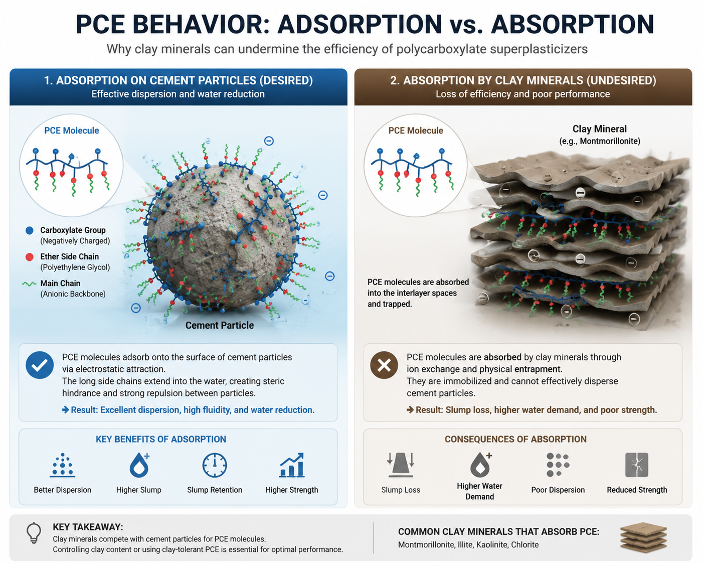 Diagram showing polycarboxylate superplasticizer (PCE) molecules adsorbing on cement particles versus being absorbed and trapped by clay mineral layers..png