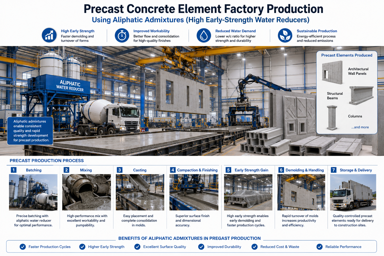 Automated precast concrete plant manufacturing architectural panels and structural beams utilizing high early-strength aliphatic water reducers.png