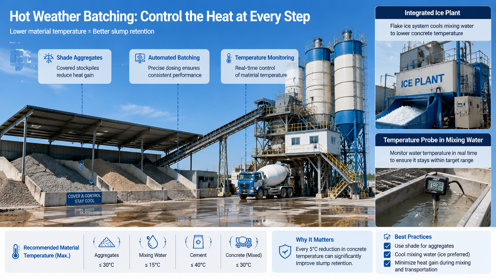 Hot weather concrete batching plant with ice cooling system for slump loss control.png