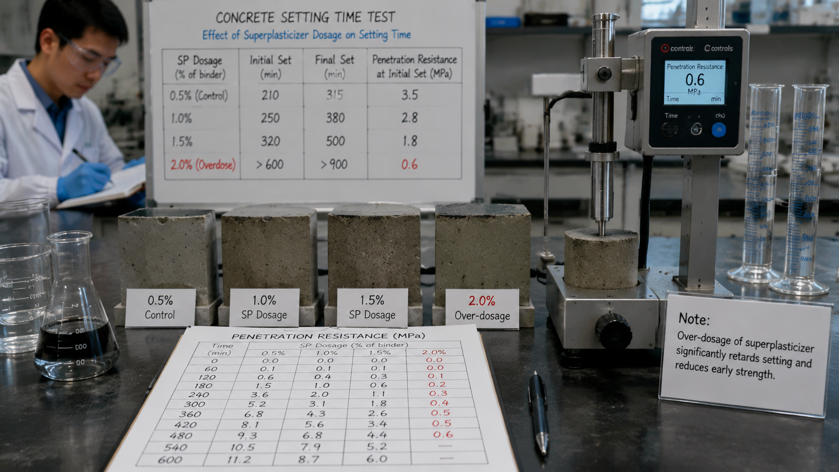 Concrete setting time penetration resistance test under superplasticizer overdose.png