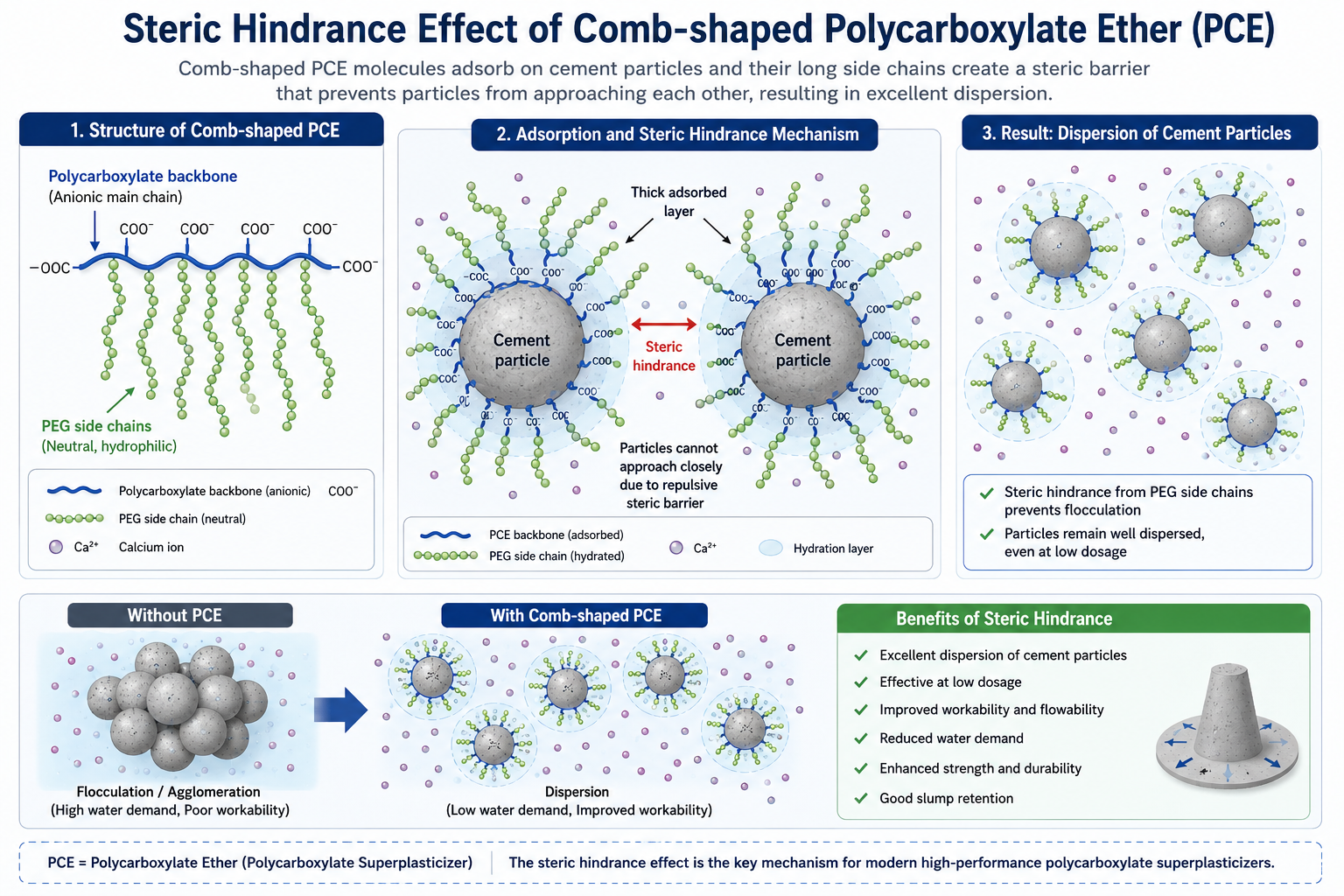 Steric hindrance mechanism of polycarboxylate superplasticizer showing comb-like molecular structures and PEG side chains dispersing cement.png
