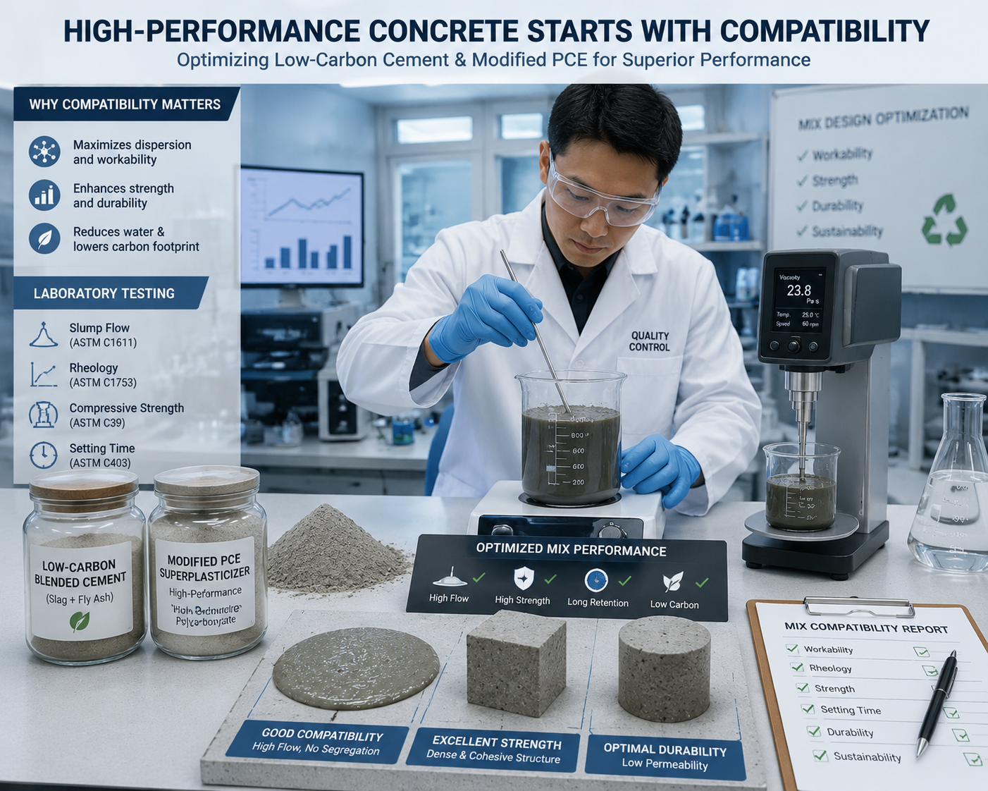 Concrete quality control engineer testing the compatibility of low-carbon blended cement with modified polycarboxylate superplasticizer..png