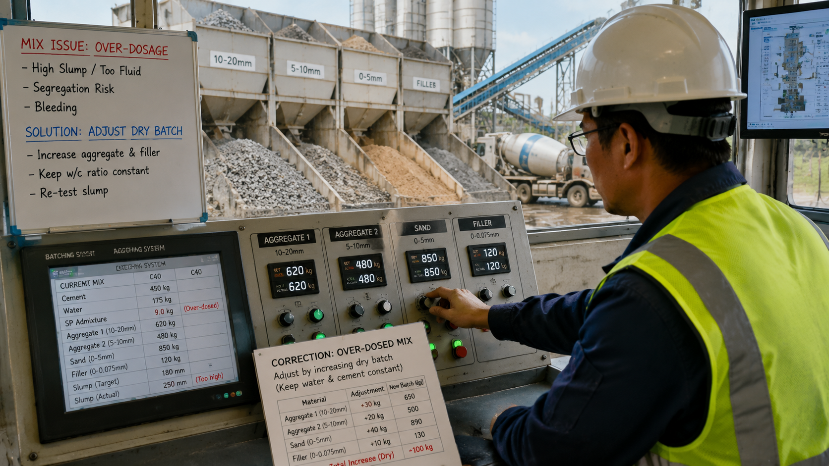 Dry batching correction for concrete admixture overdosage in batching plant.png