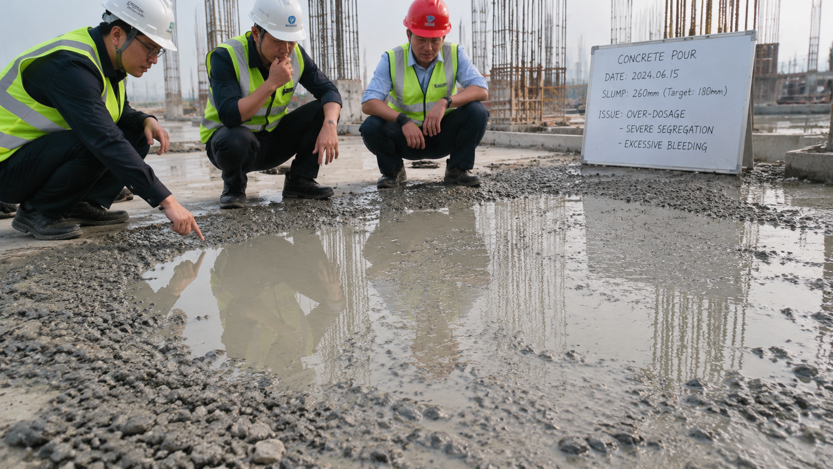 Over-dosaged concrete with severe segregation and bleeding water on surface.png