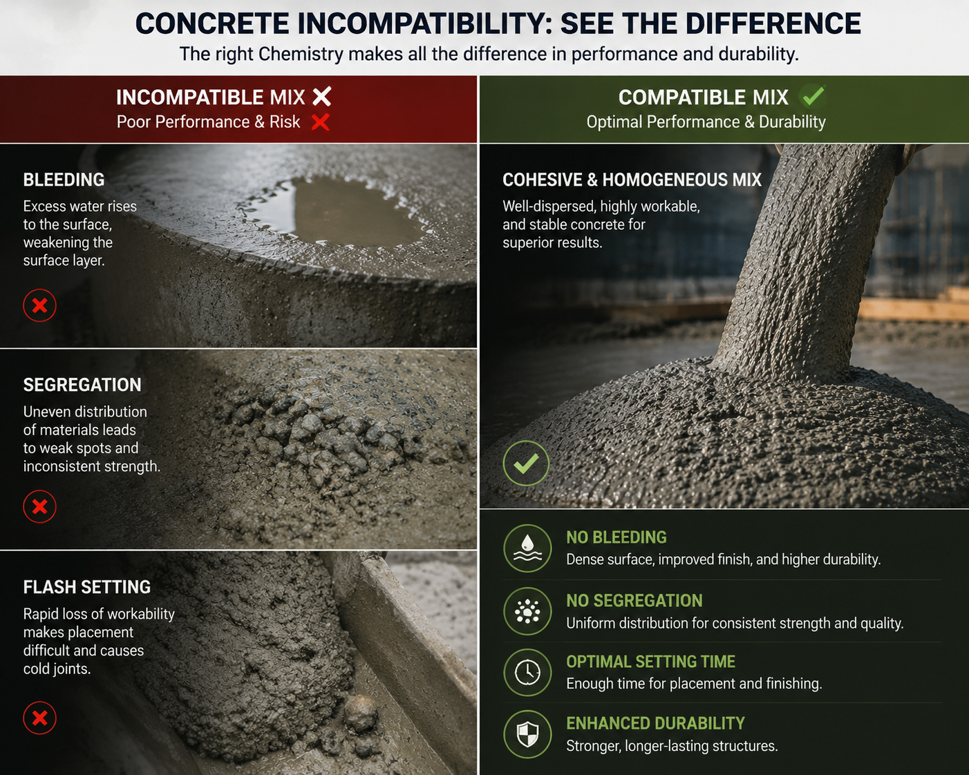 Cement-admixture incompatibility manifestations showing concrete bleeding, segregation, and flash setting versus a healthy cohesive concrete mix..png