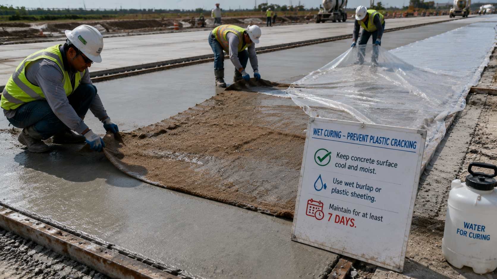 Workers applying wet burlap and plastic curing sheets to concrete pavements to prevent plastic cracking. Alt Tag Wet curing of concrete to mitigate plastic shrinkage cracking.png