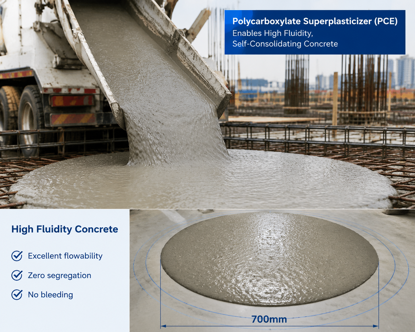 High fluidity self-consolidating concrete achieved by Polycarboxylate Superplasticizer PCE admixture.png