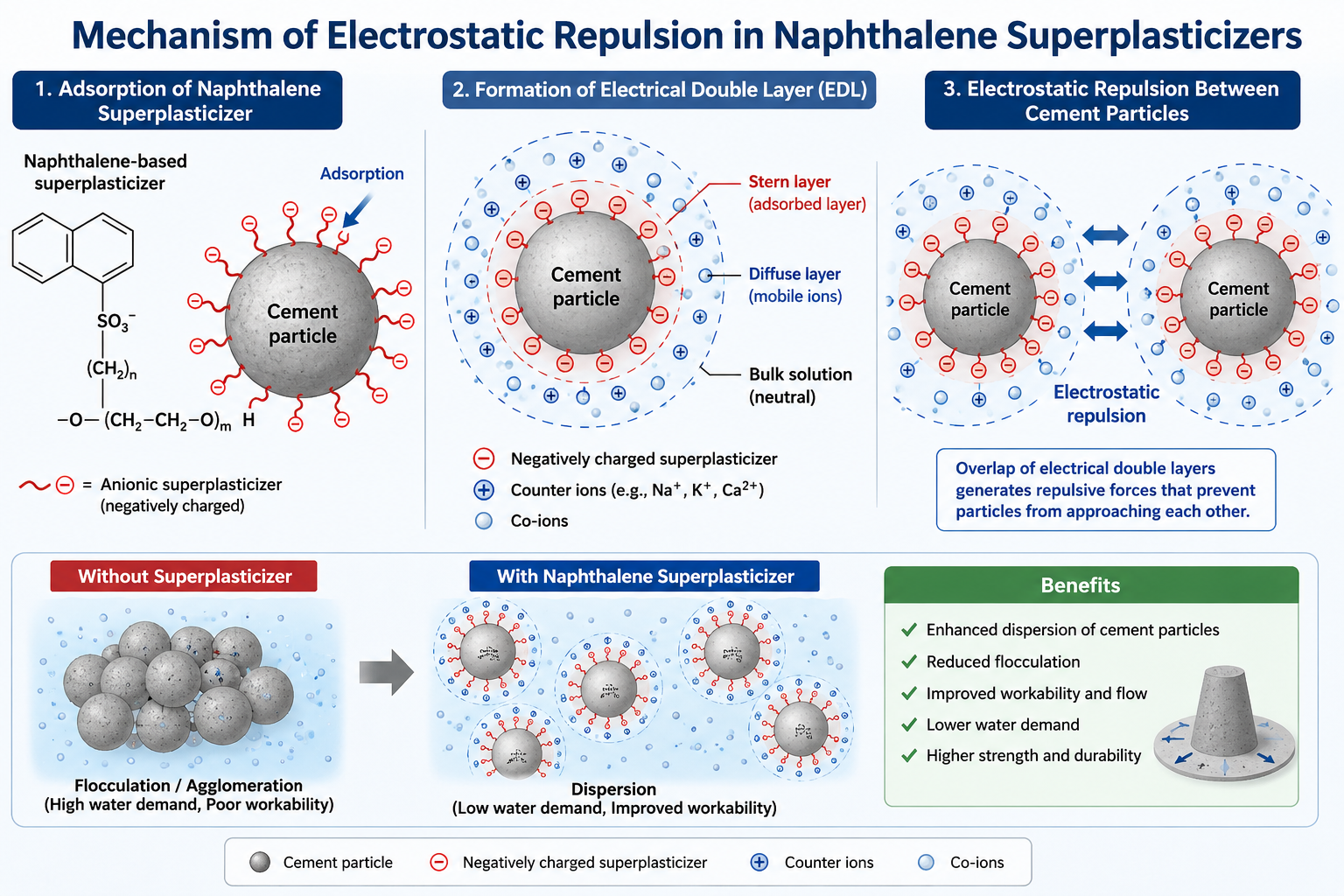 Electrostatic repulsion mechanism of naphthalene-based concrete water reducer showing electrical double layer and cement particle dispersion..png