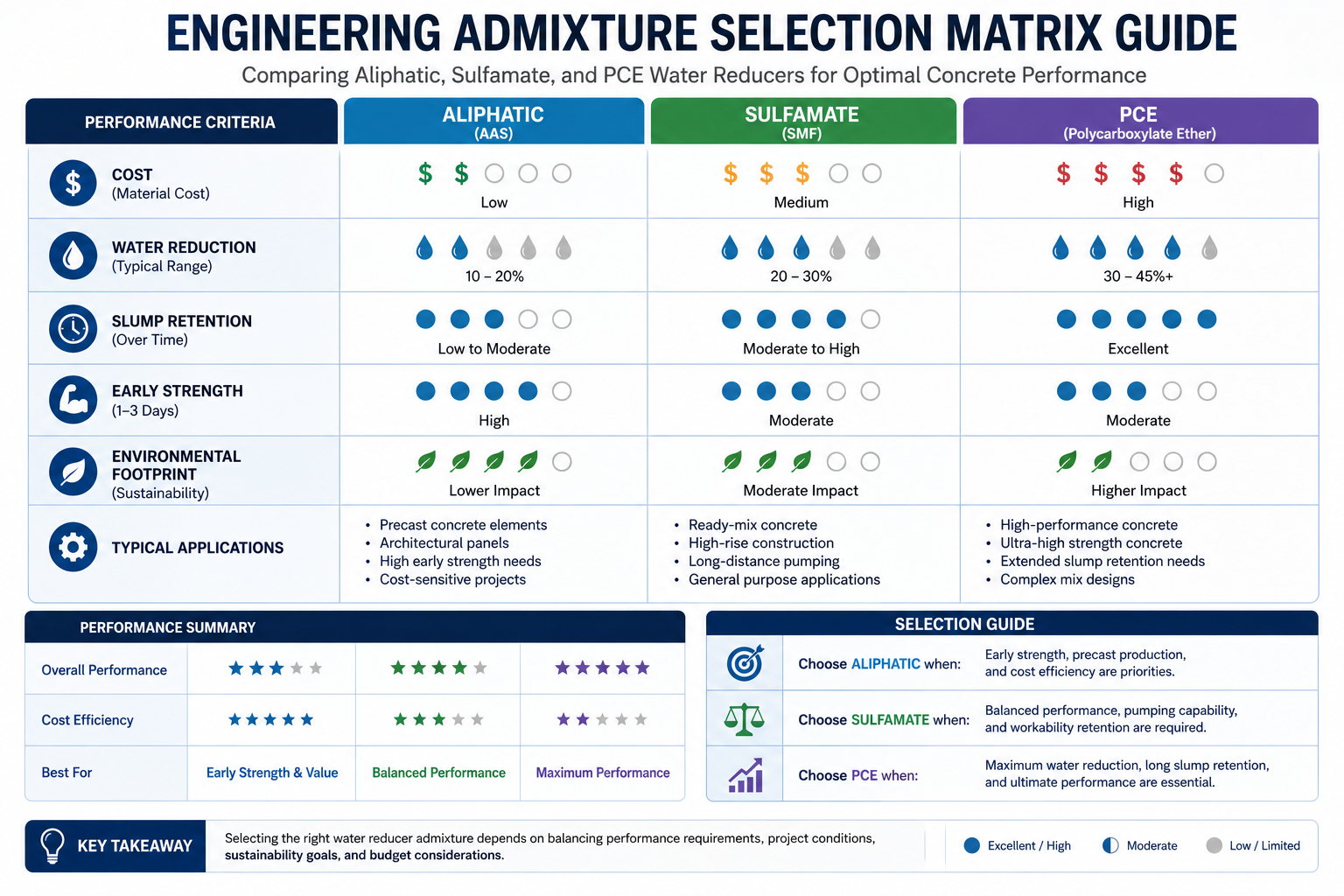 Infographic chart comparing Aliphatic, Sulfamate, and PCE water reducers based on cost, water reduction, slump retention, and environmental footprint.png