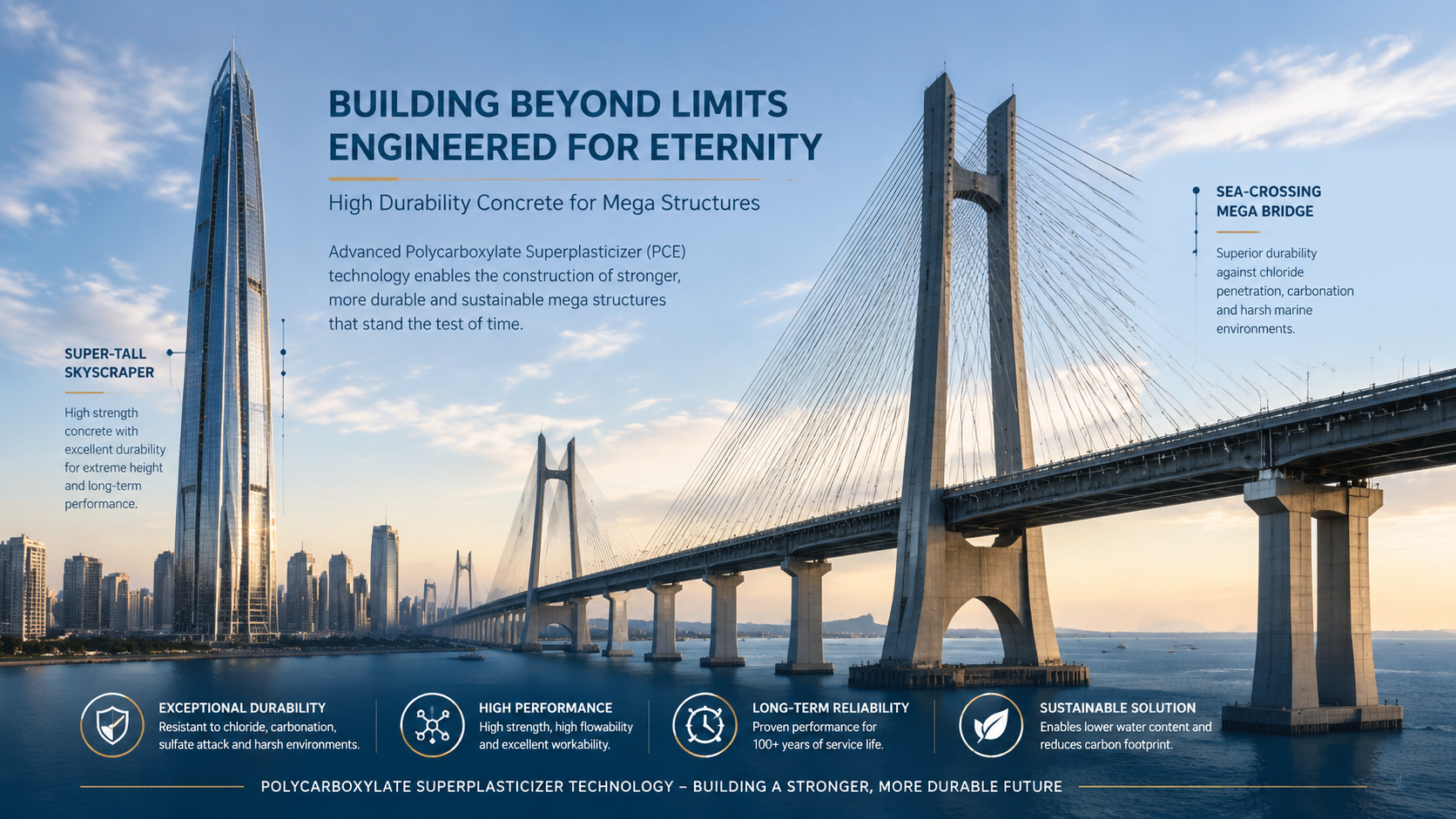 Modern high-rise skyscraper and bridge infrastructure utilizing high durability polycarboxylate superplasticizer concrete.png