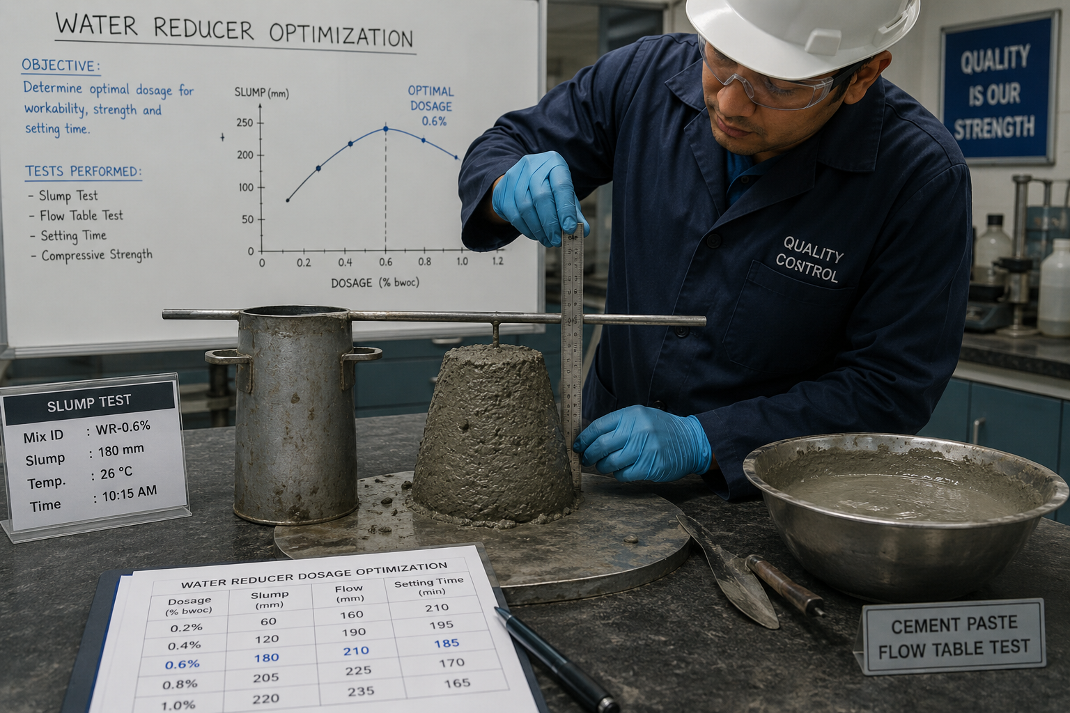 Concrete slump test and quality control analysis for water reducer optimization in a laboratory..png