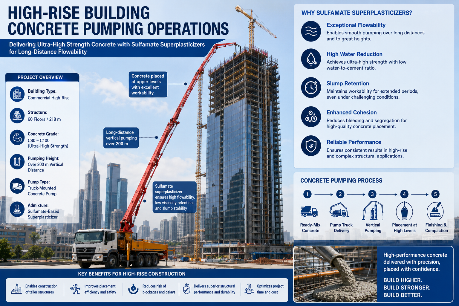 Concrete pump truck delivering ultra-high strength concrete to the upper levels of a skyscraper utilizing sulfamate superplasticizers for long-distance flowability.png