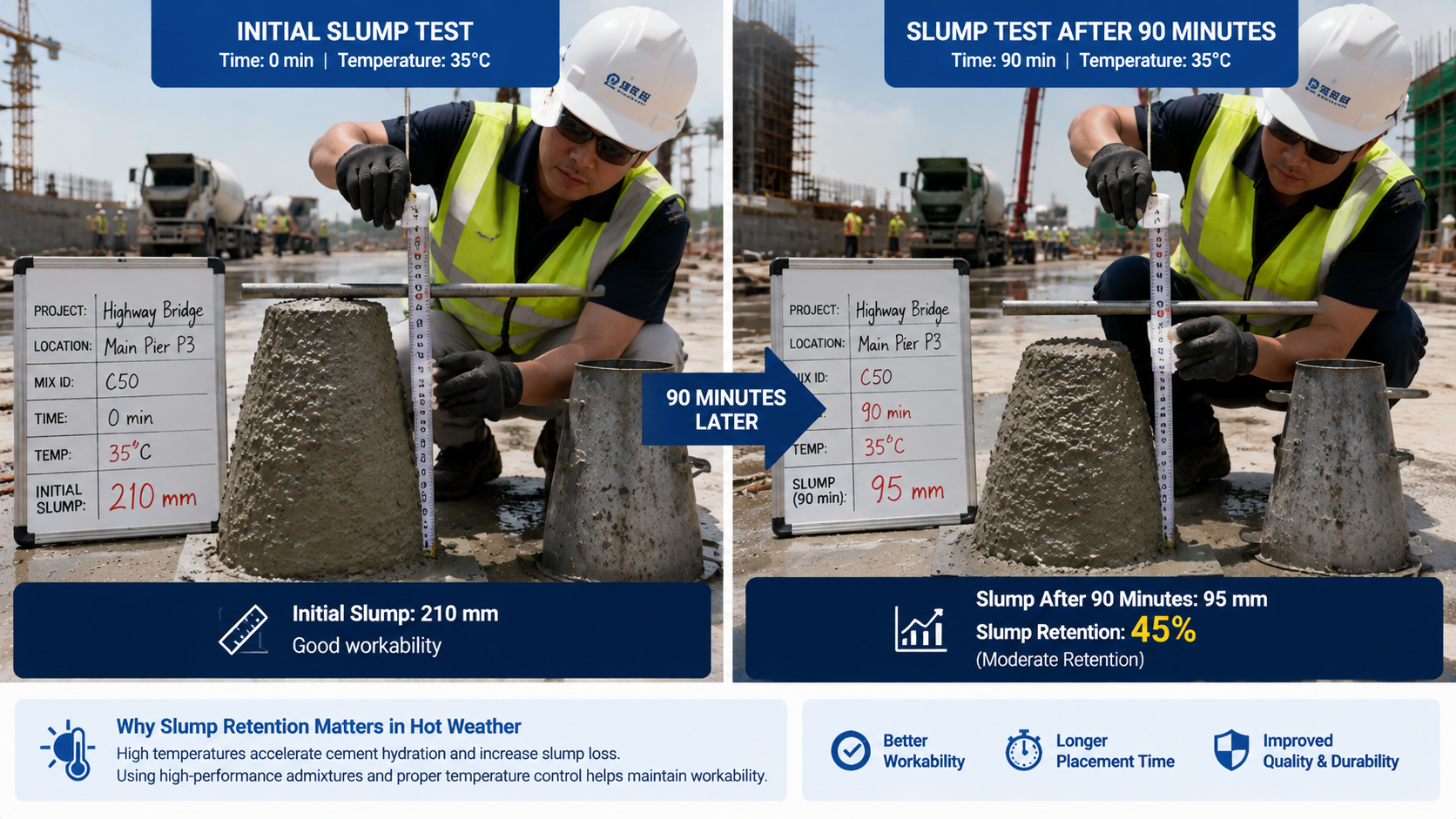 Concrete slump cone test evaluating workability retention in hot weather construction..png