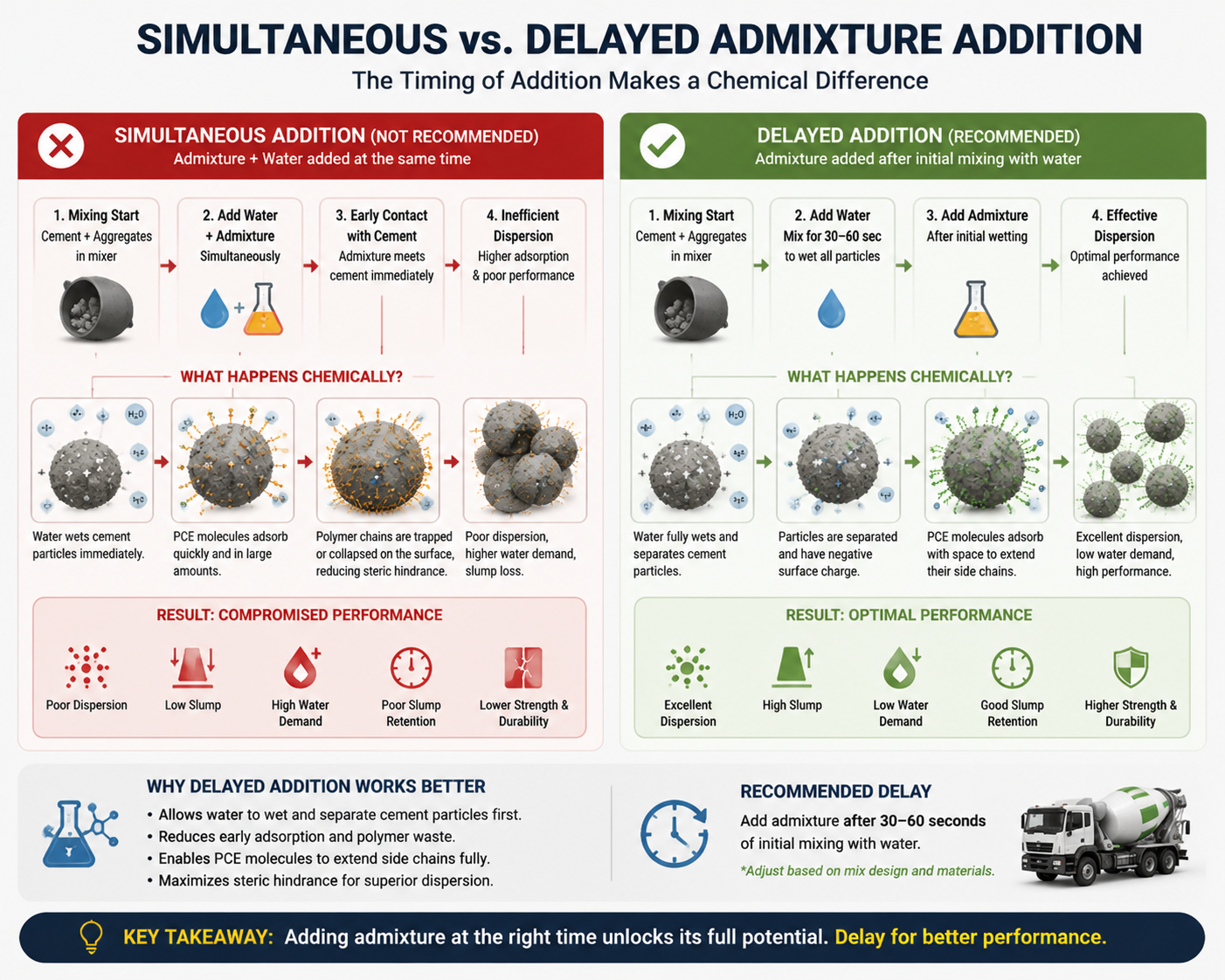 Flowchart illustrating the chemical difference between adding concrete admixtures simultaneously with water versus a delayed addition method..png